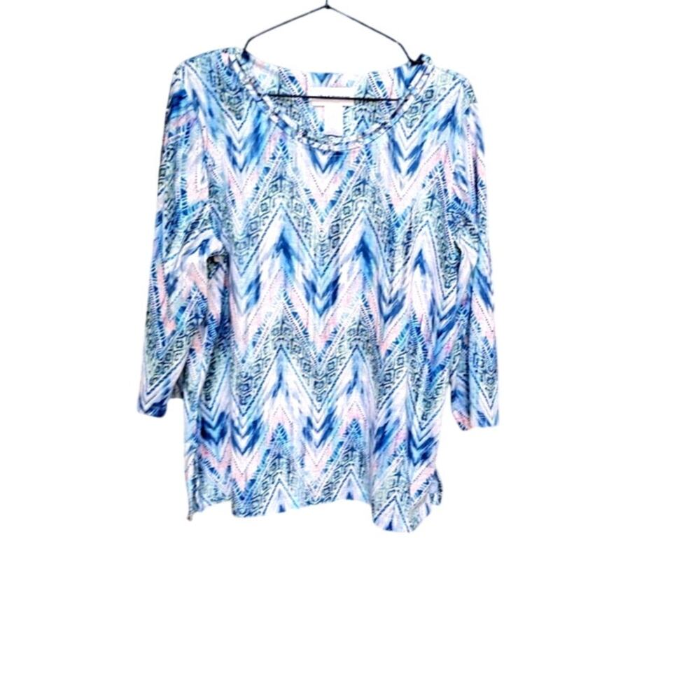 Alfred Dunner Top Blue Zigzag Pattern 3/4 Sleeves Rhinestone Trim L